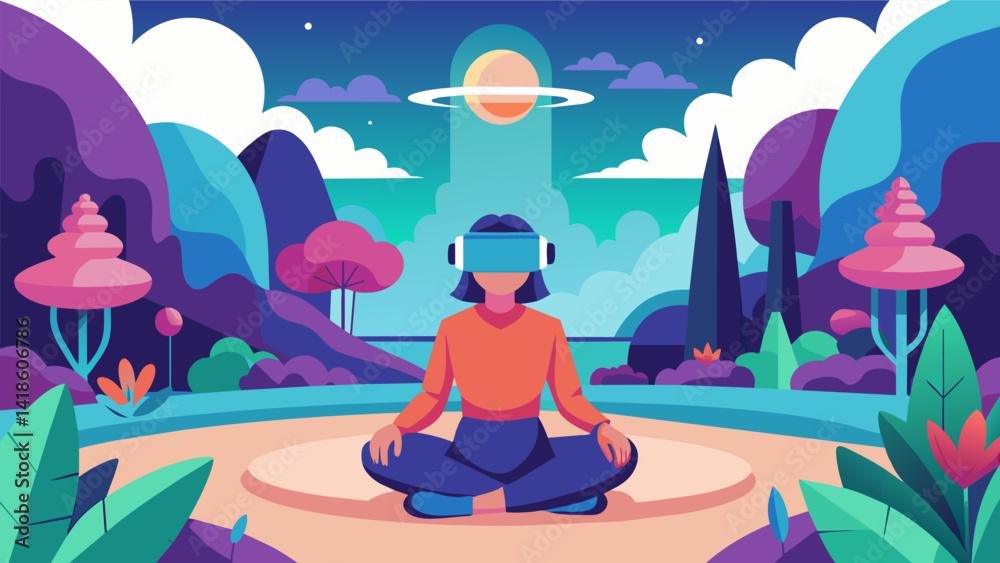 An immersive VR experience set in a beautiful garden where users can participate in a guided meditation to manage chronic migraine headaches.. Vector illustration