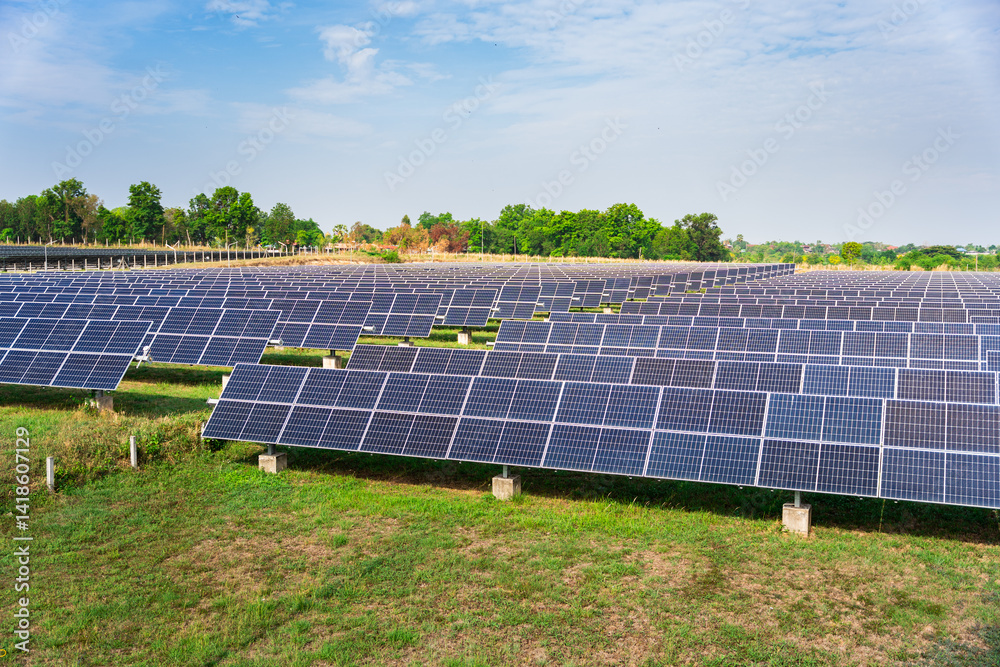 Solar power plant(solar cell) on summer season, hot climate causes increased power production, Alternative energy to conserve the world's energy, Photovoltaic module idea for clean energy production Solar power plant(solar cell) on summer season, hot climate causes increased power production, Alternative energy to conserve the world's energy, Photovoltaic module idea for clean energy production