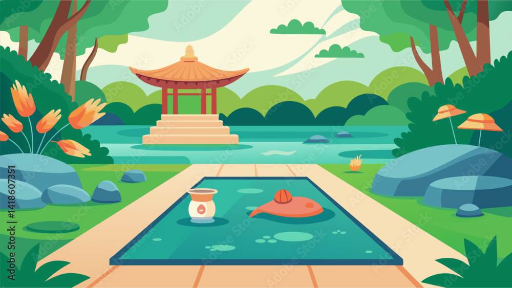 Setting your virtual yoga mat in a serene Japanese garden surrounded by lush greenery and a peaceful koi pond.. Vector illustration