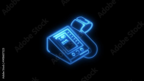 Glowing neon blood pressure meter icon 4k isolated on black background. HD Video motion graphic animation