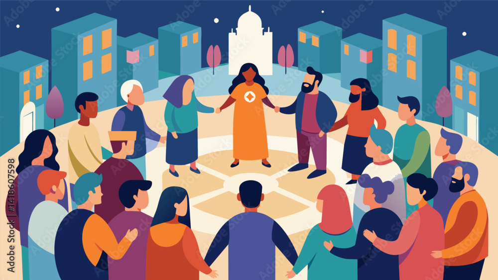 In a bustling city square a diverse group of people stands in a circle united in their prayers for peace and unity.. Vector illustration