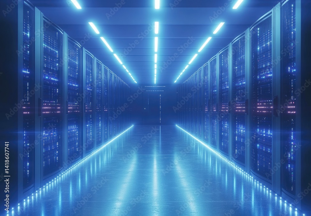 Fototapeta premium Symmetrical server room with glowing blue lights and reflective floor, showcasing a clean futuristic design. Perfect for AI, cloud computing, and digital infrastructure themes