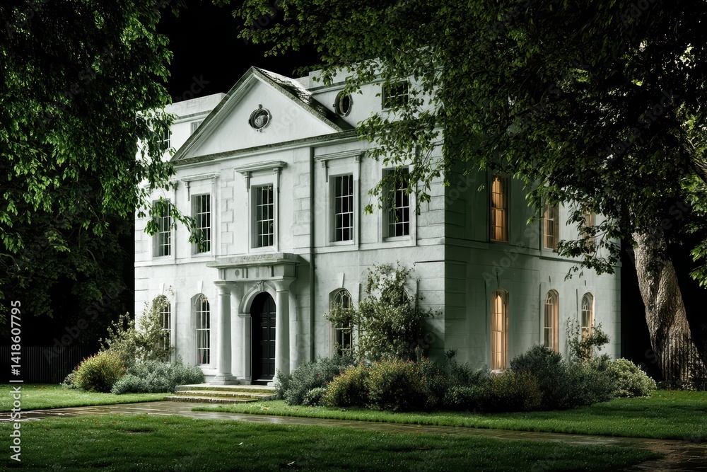 Naklejka premium Night Garden with Tree Bench and Classic Architecture 