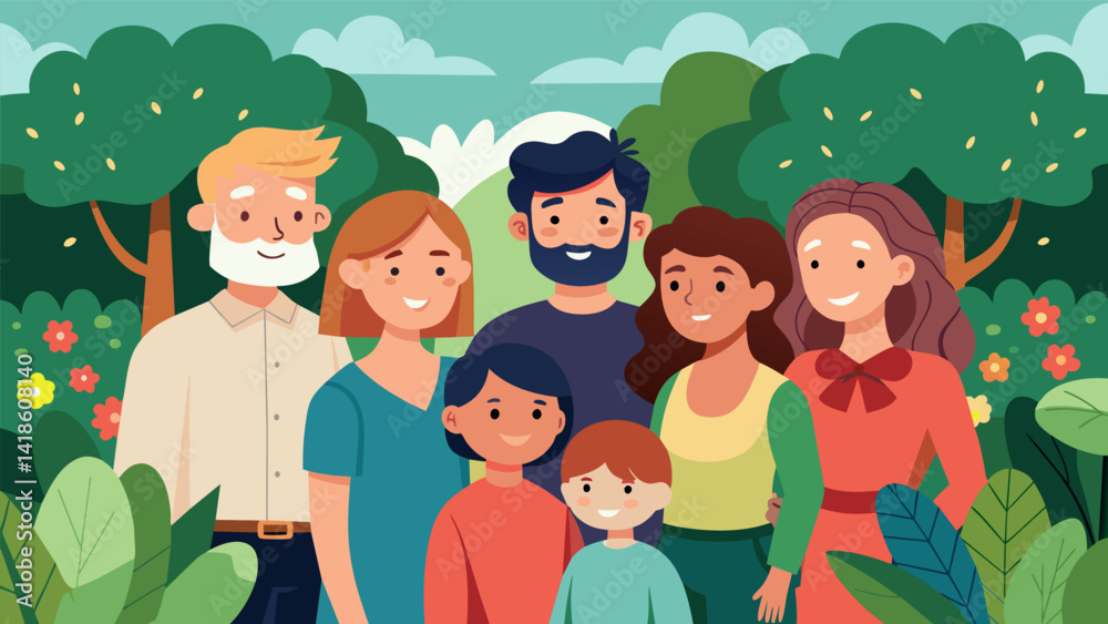 A portrait of a family gathering in a lush garden capturing the warmth and happiness of the moment.. Vector illustration