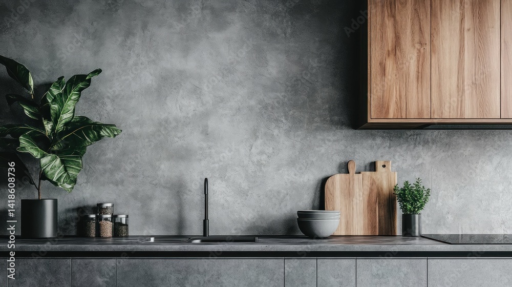 Modern kitchen design with gray concrete walls and wood cabinetry. Modern kitchen design with gray concrete walls and wood cabinetry.