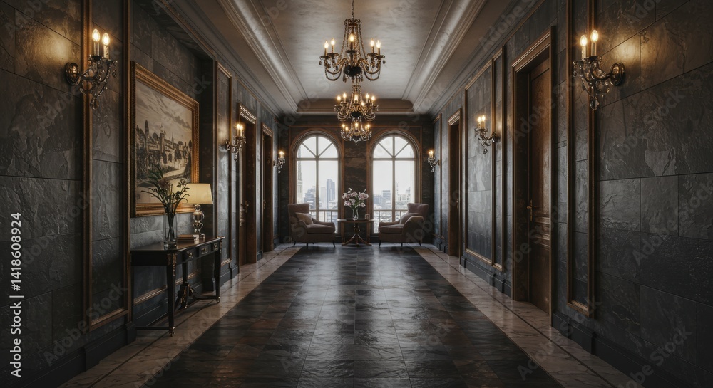 Obraz premium Dark Elegant Hallway Interior Design with City View