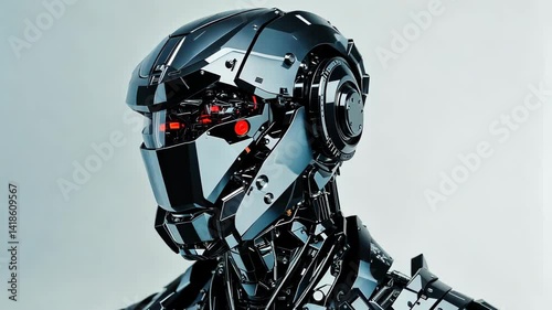 Close-Up View of a Futuristic Robotic Head with Glowing Red Eyes and Intricate Details