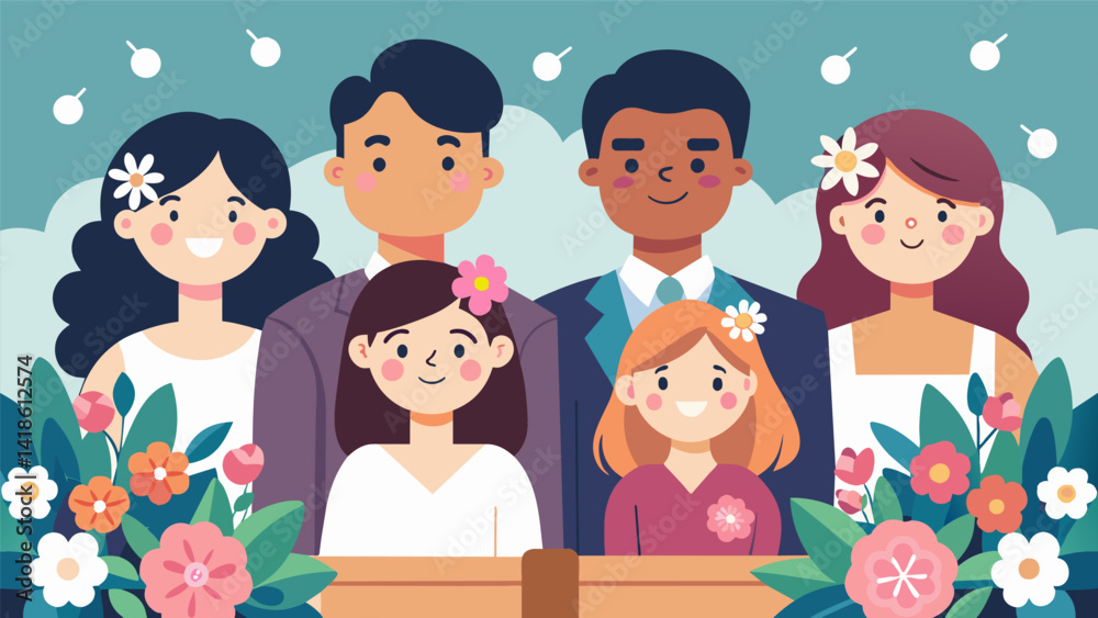Family and friends sat in pews adorned with blooming flowers their faces beaming with joy for the happy couple.. Vector illustration