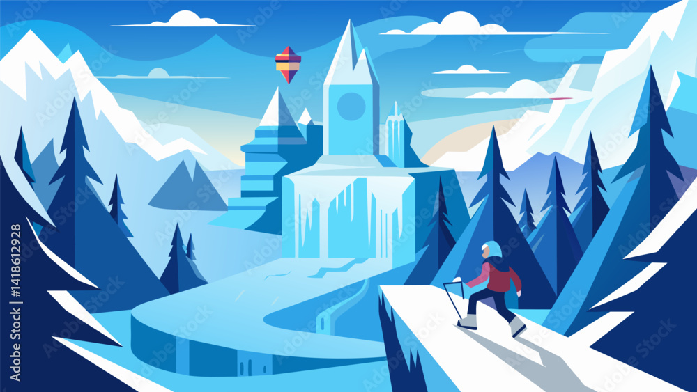 A snowboarder navigating a virtual course set in a fantastical winter wonderland complete with towering ice castles and frozen waterfalls.. Vector illustration