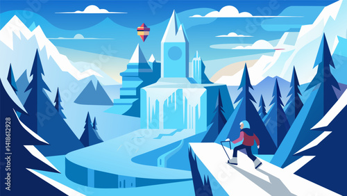 Obraz na płótnie A snowboarder navigating a virtual course set in a fantastical winter wonderland complete with towering ice castles and frozen waterfalls.. Vector illustration w salonie