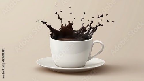 Coffee splash, cup, saucer, beige background, studio shot, beverage advertising