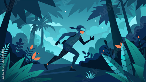 Fight your way through a dangerous VR jungle using stealth and quick movements to outwit and defeat your enemies.. Vector illustration