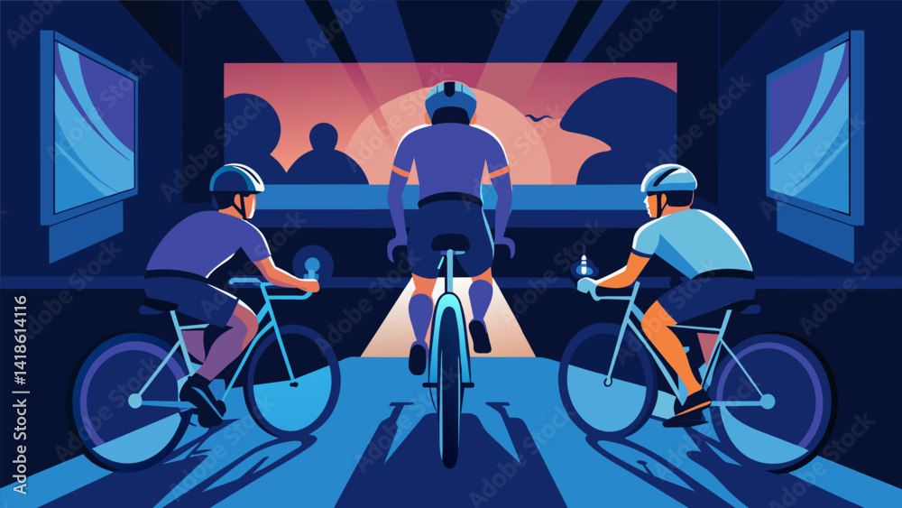In a darkened room a group of cyclists pedal furiously while watching a virtual race on a screen in front of them their bike seats vibrating to match. Vector illustration