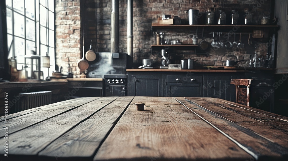 Fototapeta premium rustic kitchen scene featuring a weathered wooden table with a blurred background of brick walls and traditional culinary tools and utensils
