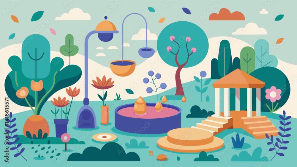 A sensory garden filled with different textures scents and sounds perfect for sensory play and relaxation therapy.. Vector illustration
