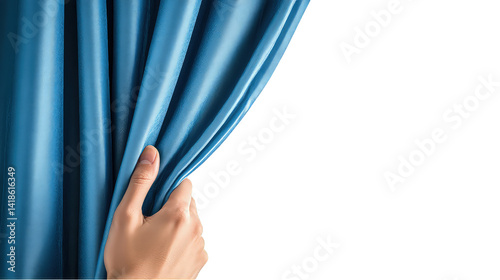 Hand pulling back smooth blue curtain against for themes of discovery and anticipation isolated on transparent background