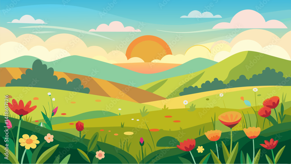 A sunlit meadow of wildflowers and rolling hills mirrors the artists feelings of joy and contentment.. Vector illustration