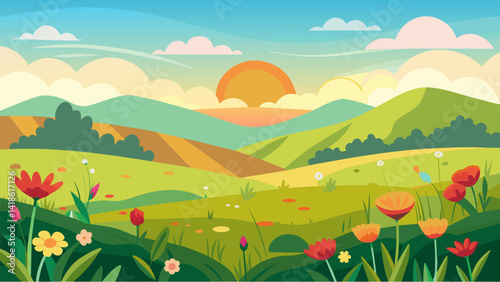 Obraz na płótnie A sunlit meadow of wildflowers and rolling hills mirrors the artists feelings of joy and contentment.. Vector illustration w salonie