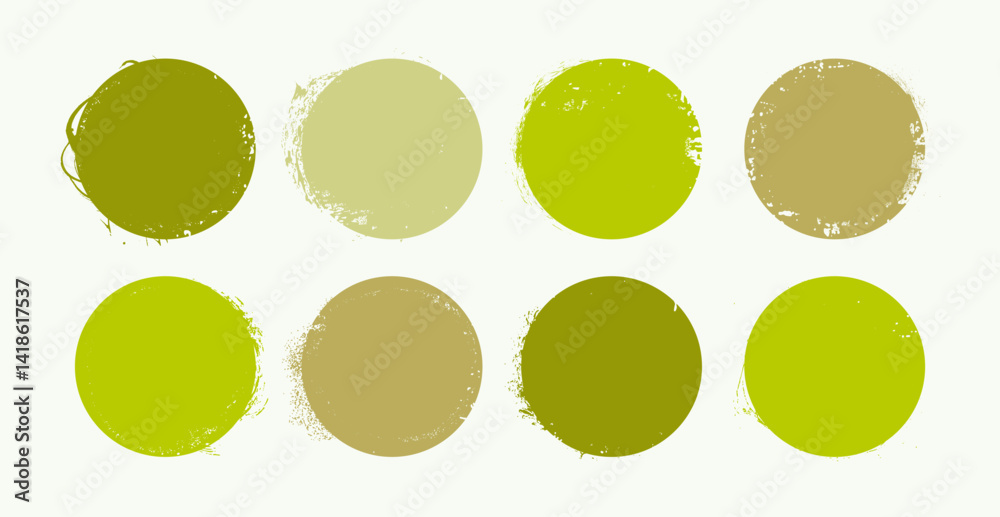 Green round brush strokes. Vector organic shape tags. Hand-drawn texture eco labels, badges. Grungy handmade circular elements. Watercolor farm fresh food emblem backdrop. Circular stamp icon template