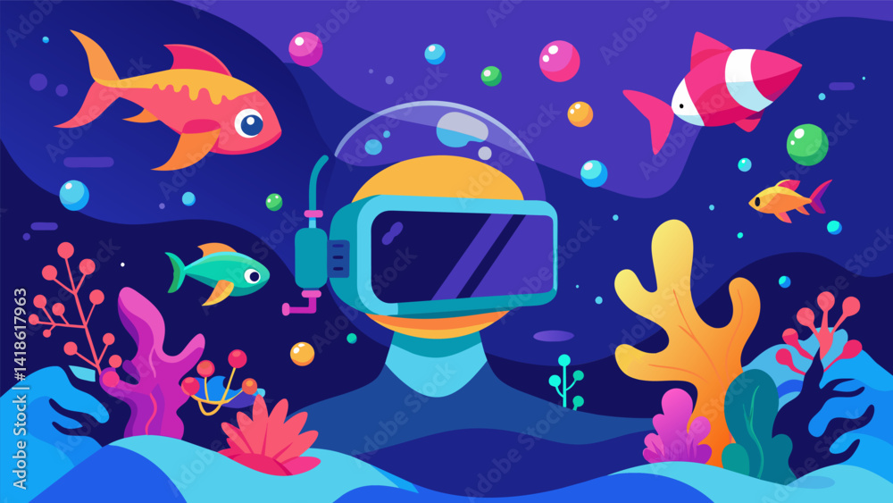 An immersive underwater experience allowing you to disconnect and unwind while observing colorful marine life.. Vector illustration