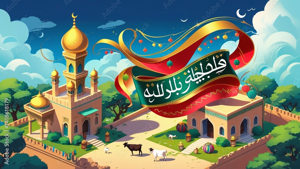 Fototapeta premium Vibrant Eid al-Adha Celebration Mosque, Animals, and Festive Banner Illustration