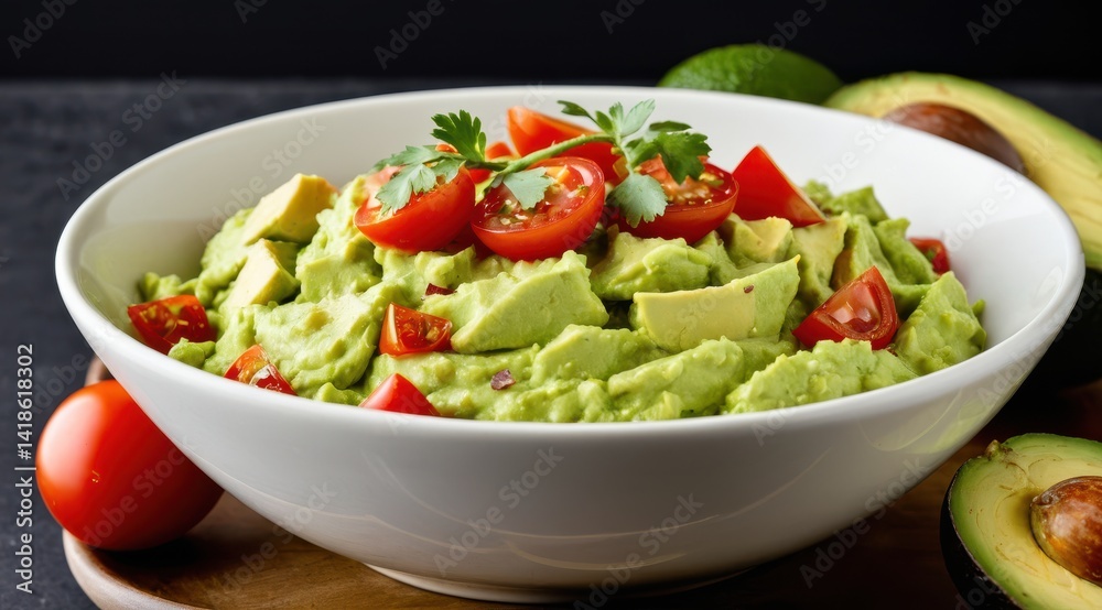 A fresh bowl of creamy guacamole topped with vibrant cherry tomatoes and cilantro, surrounded by ripe avocados and tomatoes A fresh bowl of creamy guacamole topped with vibrant cherry tomatoes and cilantro, surrounded by ripe avocados and tomatoes