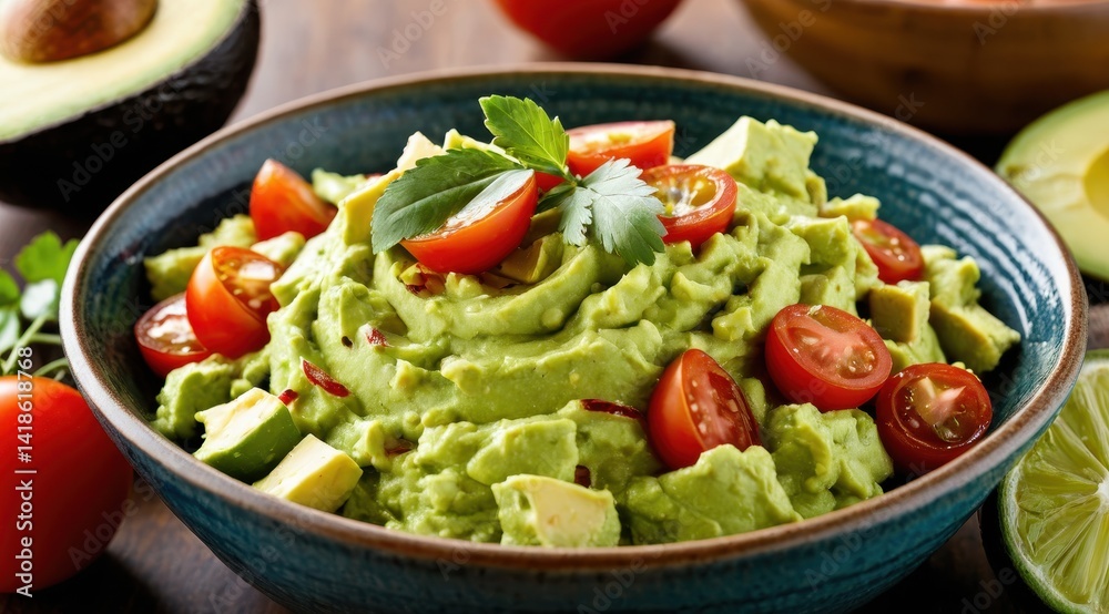 A fresh bowl of creamy guacamole topped with vibrant cherry tomatoes and cilantro, surrounded by ripe avocados and tomatoes A fresh bowl of creamy guacamole topped with vibrant cherry tomatoes and cilantro, surrounded by ripe avocados and tomatoes