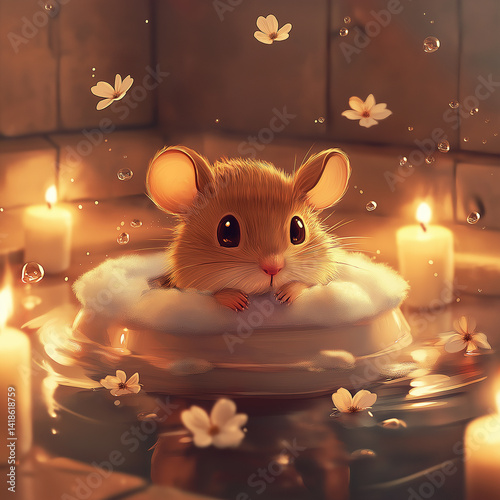 mouse enjoying a bubble bath surrounded by scented candles and tiny flower petals floating on the water.