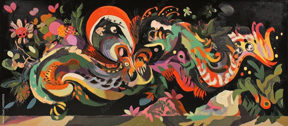Whimsical menagerie abstract acrylic painting on canvas with surreal elements