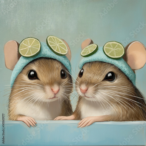 Two mice enjoying a spa day together, with matching head towels and tiny cucumber slices on their eyes.