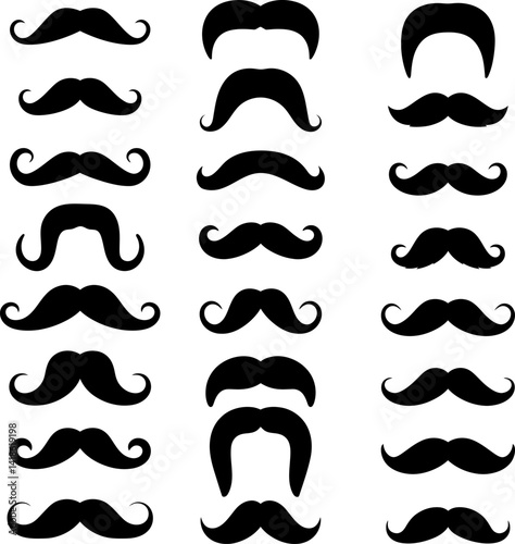 Collection of  various Mustache Silhouettes icon set  on white background
