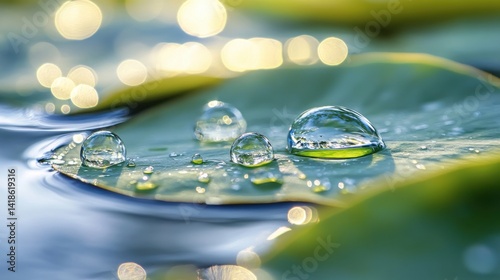 Obraz na płótnie A beautiful shot of water droplets rolling off a lotus leaf, with soft morning sunlight casting gentle reflections on the water's surface. w salonie