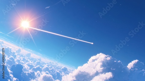 Obraz na płótnie A clear blue sky with the distinct white contrail of an airplane cutting across, leaving a wispy trail behind, with the sun shining brightly in the background w salonie