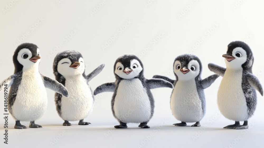 A group of adorable penguins in various playful poses, standing and waddling on a soft white surface, showcasing their cute expressions and fluffy feathers.