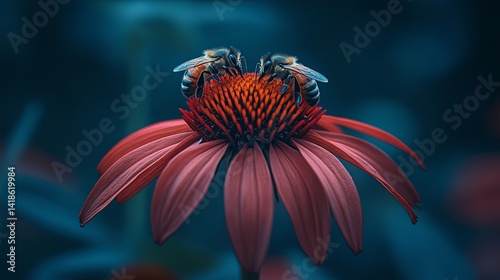 Bees gathering nectar on a vibrant red flower during a tranquil morning in a lush garden