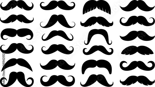 Collection of  various Mustache Silhouettes icon set  on white background, A diverse set of black mustache silhouettes, perfect for logos, icons, or design elements.
