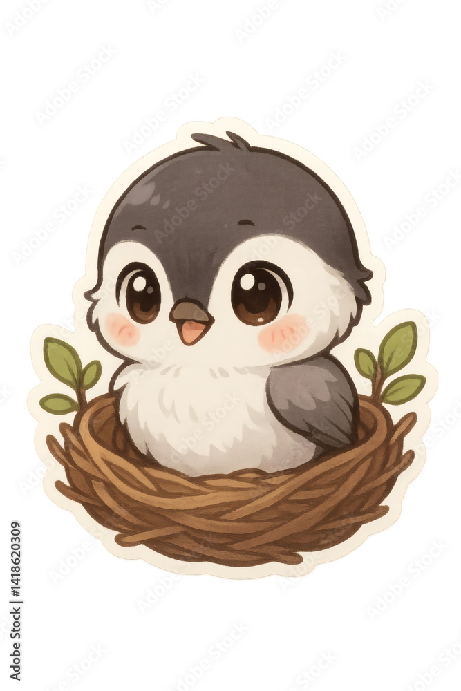 Adorable cartoon bird with grey and white feathers perched in a cozy, brown twig nest. A cute, whimsical illustration. Kawaii bird art. Adorable cartoon bird with grey and white feathers perched in a cozy, brown twig nest. A cute, whimsical illustration. Kawaii bird art.