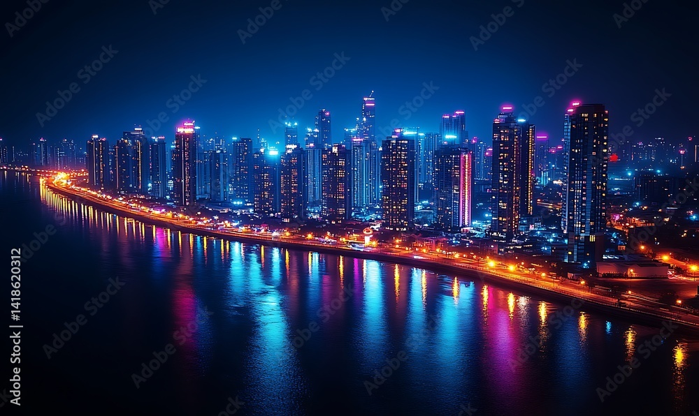 Fototapeta premium Vibrant City Night Lights Reflecting on Water