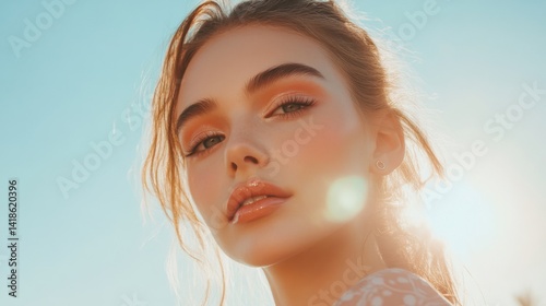 A woman with a light, radiant summer makeup look, featuring a pop of coral blush and soft eyeshadow, against a bright, sunny background.