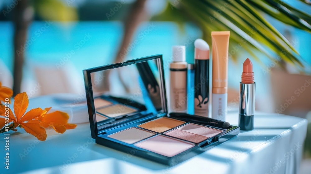 Summer makeup essentials including a palette of warm tones, tinted sunscreen, and a highlighter, all placed neatly on a vanity with a bright summer vibe.