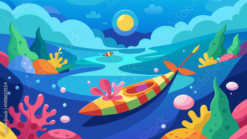Obraz na płótnie Get lost in a vibrant underwater world as you kayak through a virtual reef filled with colorful coral and marine life.. Vector illustration w salonie