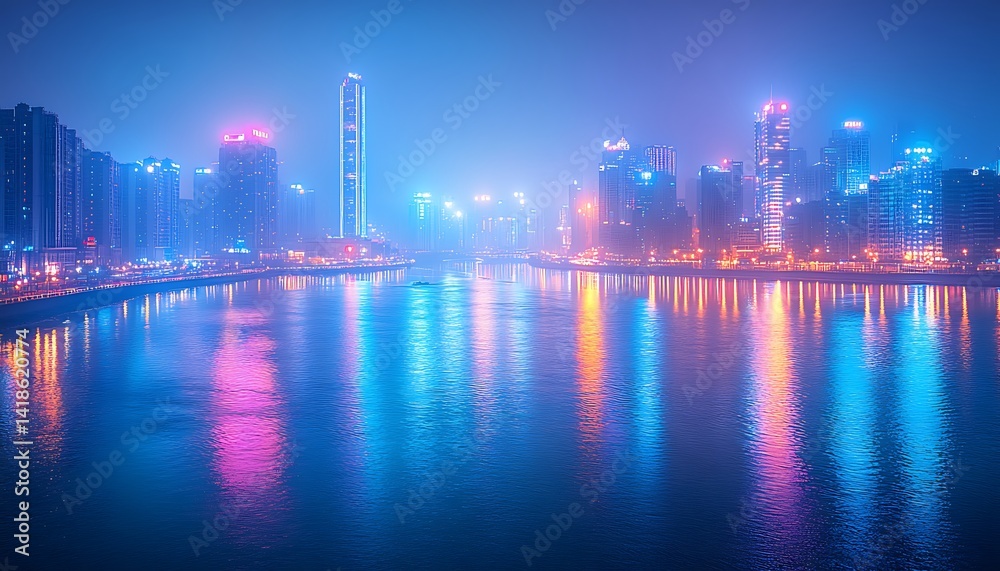 Fototapeta premium Vibrant City Skyline at Night with Water Reflections