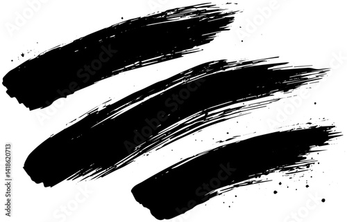 Diagonal Grunge Black Brush Strokes with Ink Splatter, Abstract Textured Paint Elements for Design