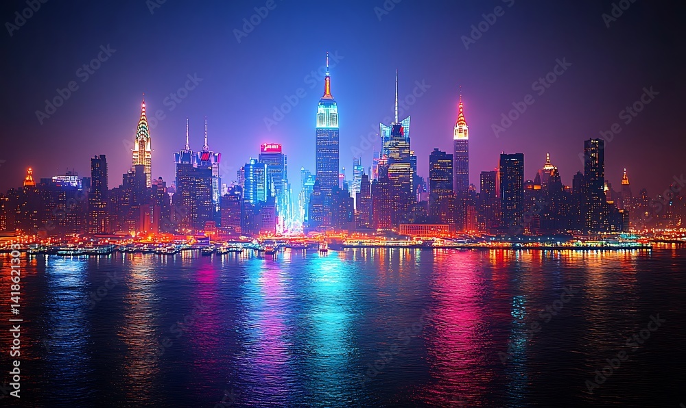 Fototapeta premium Vibrant Night City Skyline with Colorful Lights and Water Reflections