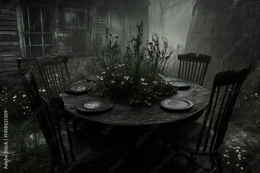 Monochromatic scene with rustic table under heavy rain, melancholic mood