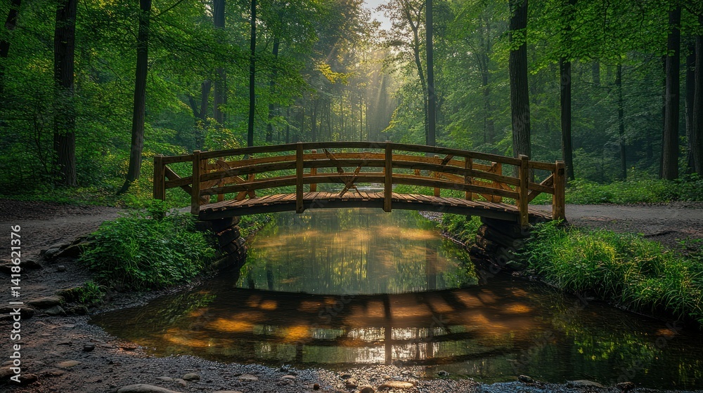 Fototapeta premium Misty forest bridge over tranquil stream