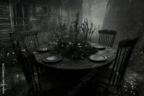 Obraz na płótnie Monochromatic scene with rustic table under heavy rain, melancholic mood w salonie