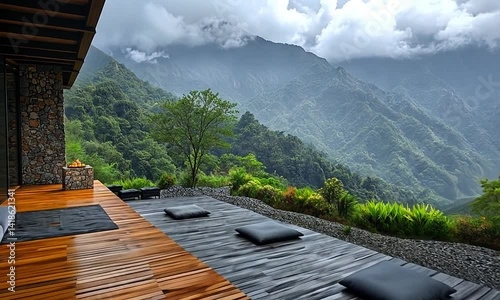 Mountaintop meditation deck, serene outdoor space.