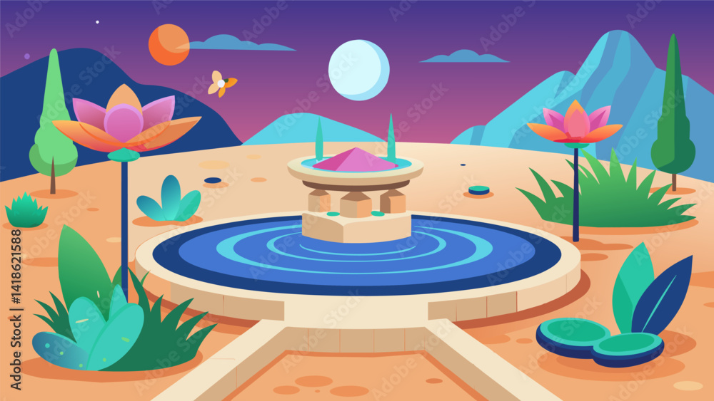 A peaceful garden oasis in VR featuring a variety of interactive elements such as a zen sand garden and blooming flowers that adjust to users needs by. Vector illustration