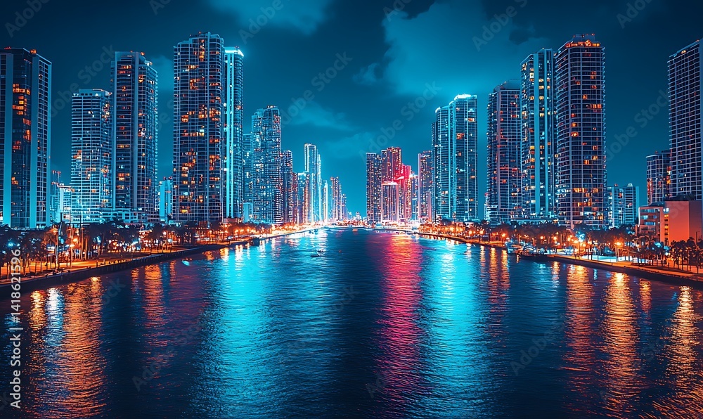 Obraz premium Vibrant Night Cityscape With Illuminated Skyscrapers Reflecting on Water